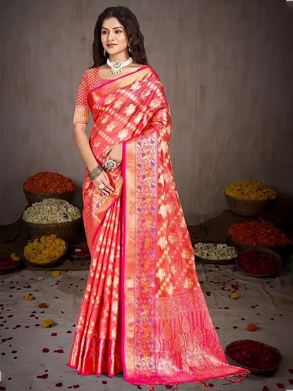 Floral Motifs Pattern Traditional Festival Wear Silk Saree With Blouse