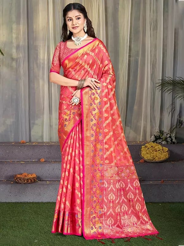 Silk Floral Motifs Border Festival Wear Saree With Blouse