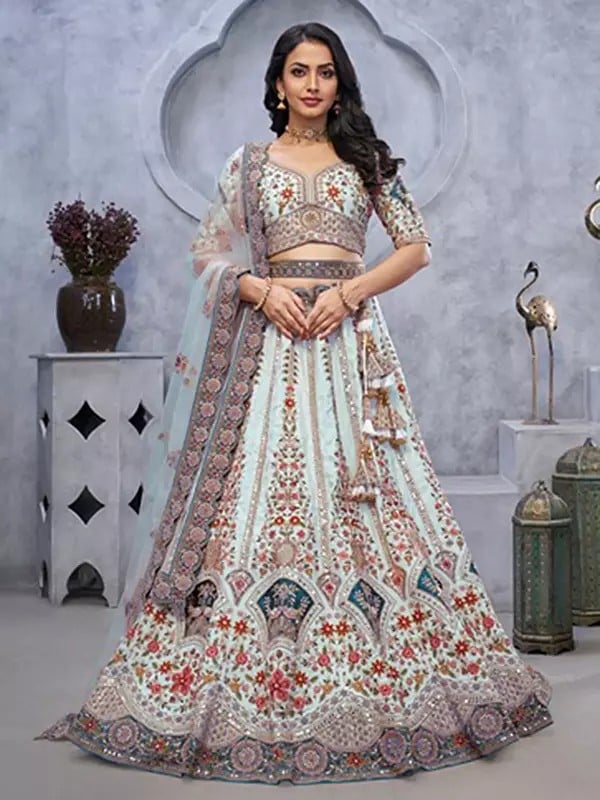 Organza Silk Stunning Zari Paisley Embroidery And Peacock Motifs Lehenga Choli With Dupatta