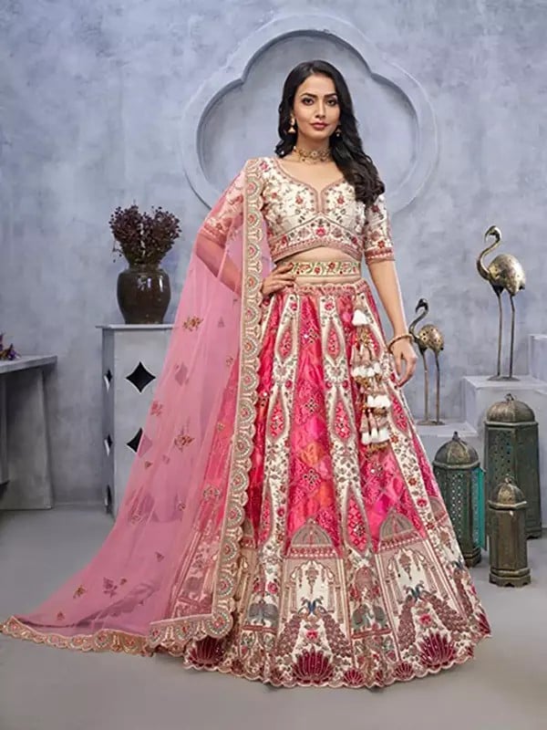 Organza Silk Temple And Peacock Motifs Bandhej Jacquard Patches Lehenga Choli With Soft Net Dupatta