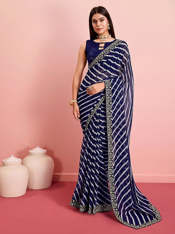 Strips Pattern All Over And Embroidery Work Border Georgette Saree