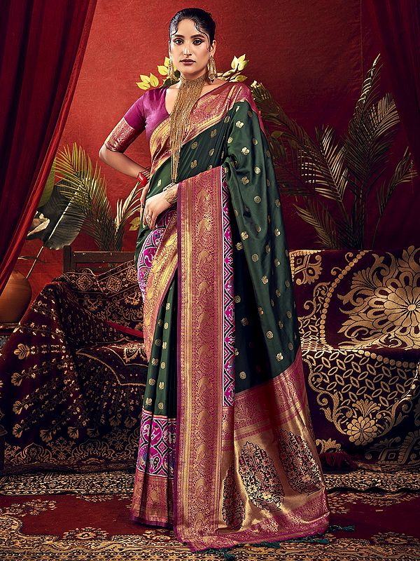 Patola Border With All Over Zari Butti Weaves Paithani Silk Saree And Zari Woven Pallu