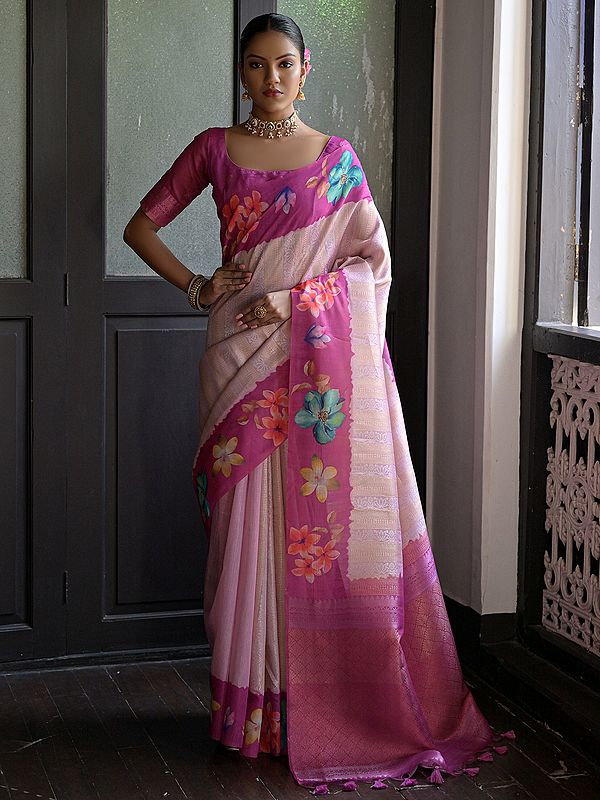 Floral Border With Zari Woven Pallu Festival Wear Printed Banarasi Silk Saree