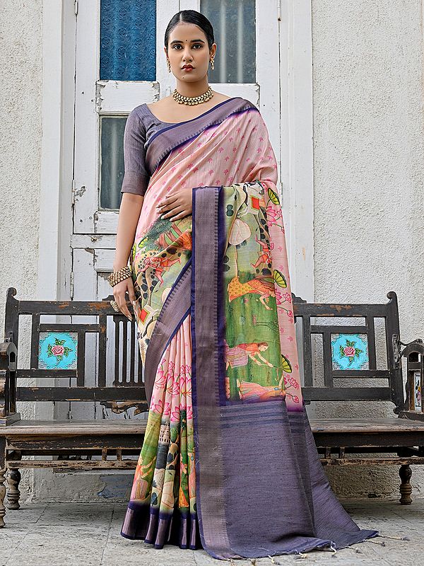 Zari Woven Contrast Border With All Over Pichwai Printed Soft Tussar Silk Saree