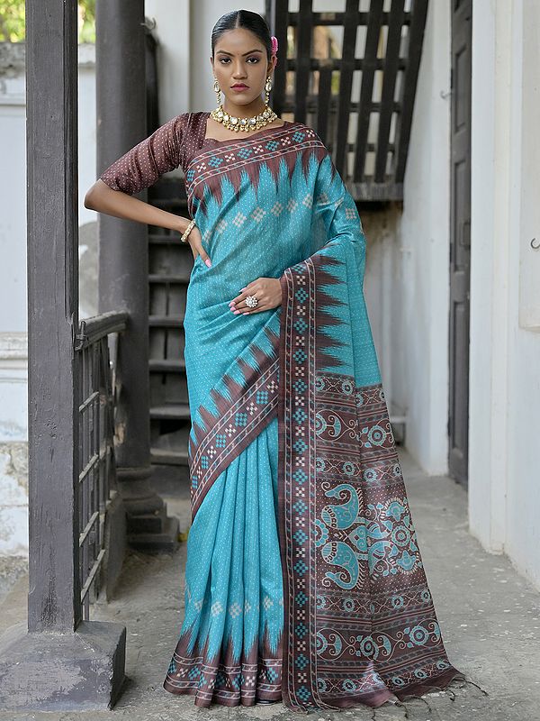 Printed Contrast Pallu And Temple Border Soft Tussar Silk Saree With Blouse