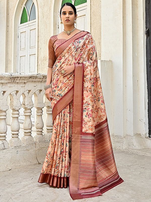 Soft Tussar Silk Zari Woven Contrsat Border And All Over Floral Printed Saree And Stripped Border Pallu