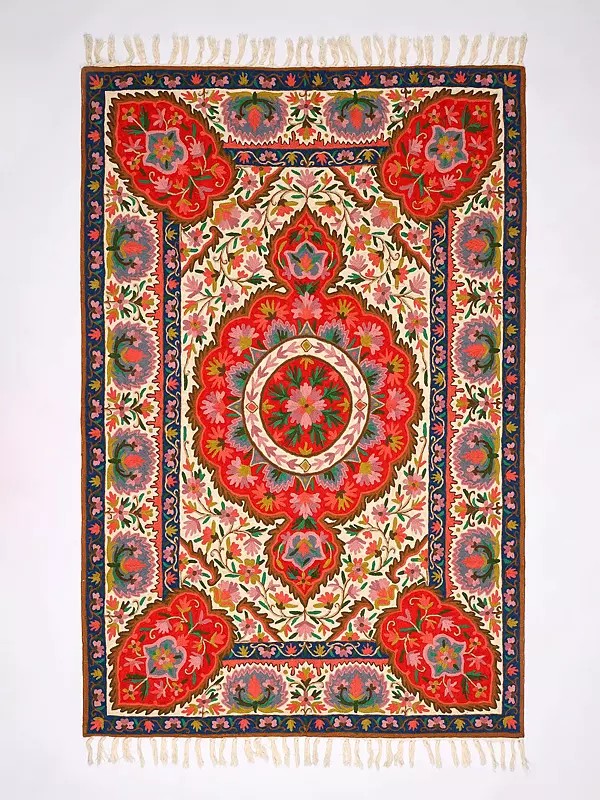 Multicolor Kashmiri Carpet with Chain Stitched Aari Embroidered Flowers