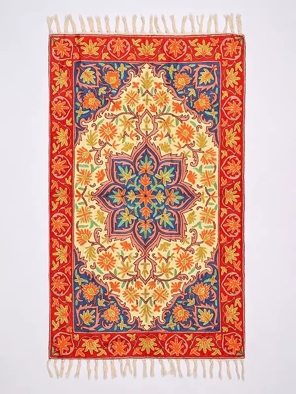 Floral Chain Stitched Aari Embroidered Carpet with Tassels from Kashmir
