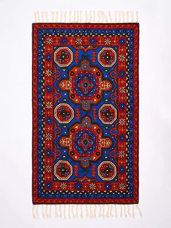 Persian Motifs Kashmiri Carpet with Chain Stitched Thread Embroidery
