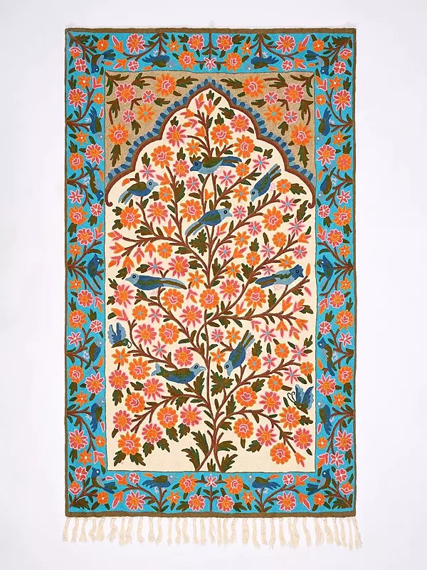 Wall-Hanging cum Carpet from Kashmir with Multicolor Thread Embroidered Sparrows and Flowers