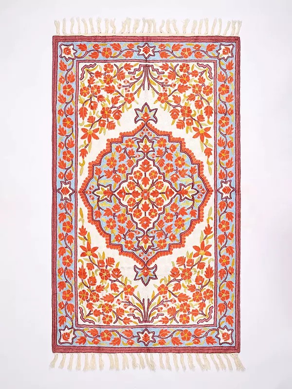 Kashmiri Carpet with Floral Intricate Chain Stitched Aari Embroidery on All-Over