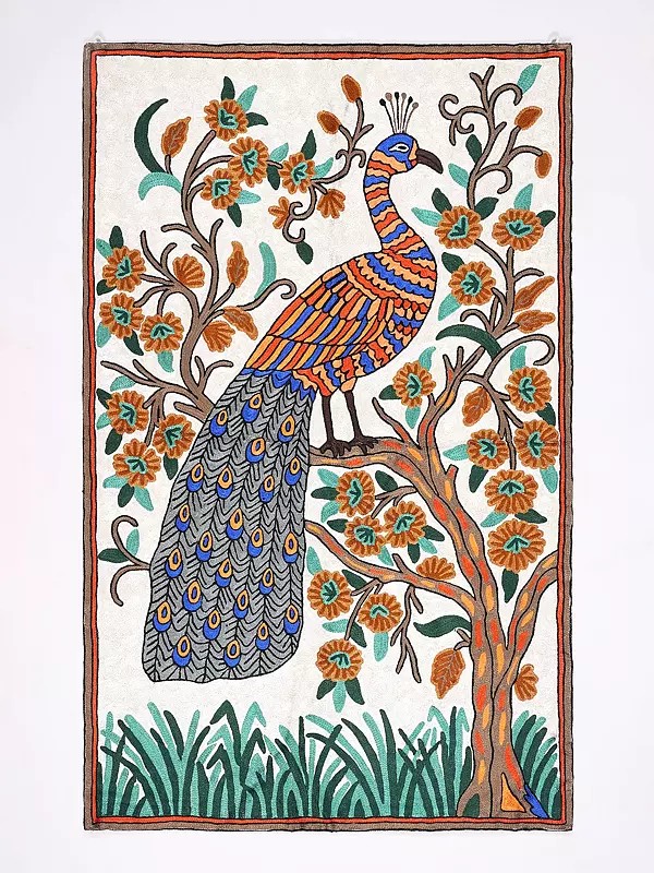 Peacock Wall-Hanging cum Kashmiri Carpet with Multicolor Silk Aari Embroidery