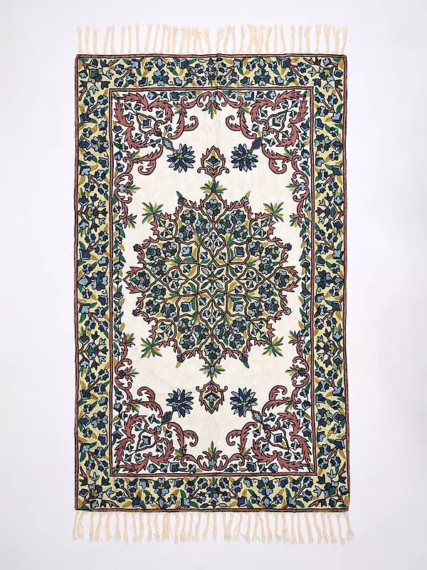 Carpet with Silk Thread Embroidered Flowers from Kashmir