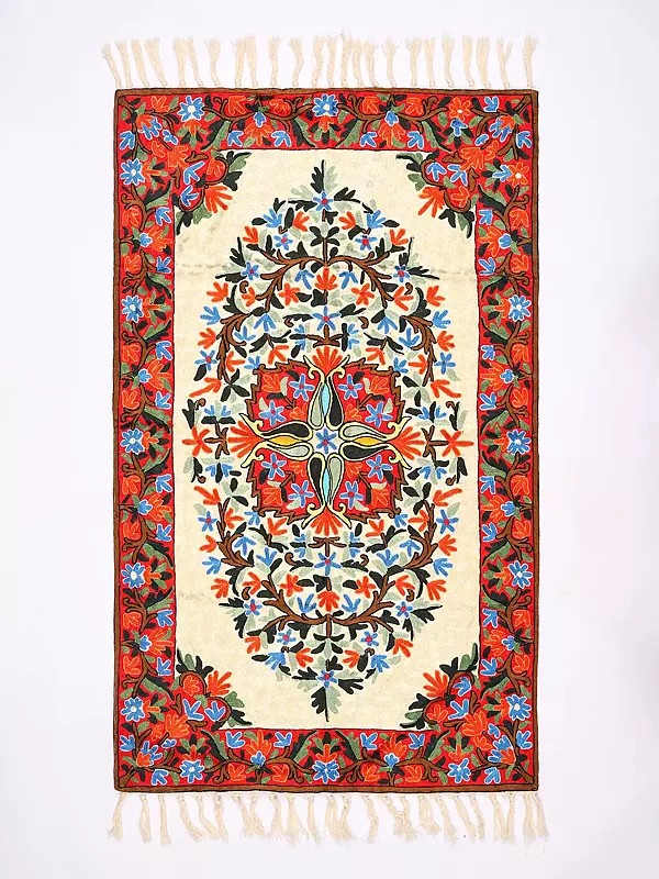 Floral Embroidered Carpet with Contrast Red Border from Kashmir