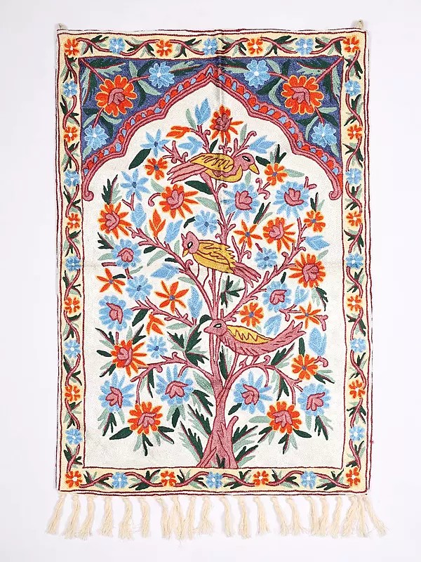 Kashmiri Wall-Hanging cum Carpet with Embroidered Tree of Life with Perched Birds
