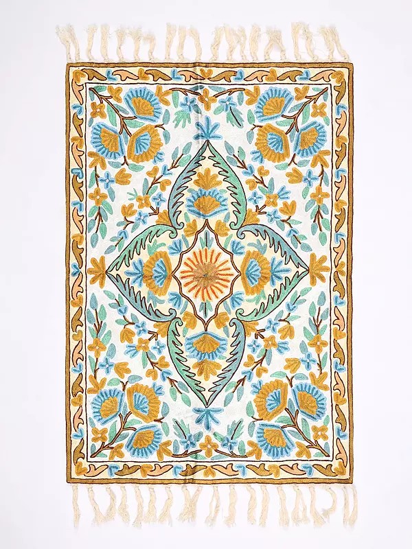Kashmiri Carpet with Chain Stitch Embroidered Multicolor Flowers
