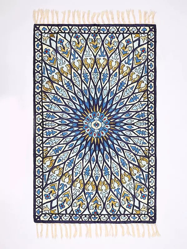 Multicolor Carpet with Chain Stitched Embroidered Persian Design from Kashmir