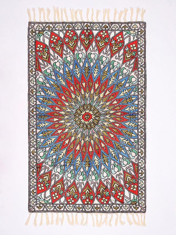 Chain Stitched Embroidered Carpet with Persian Design from Kashmir