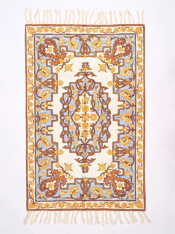 Kashmir Carpet from Chain Stitched Embroidered Paisleys and Flowers with Tassels