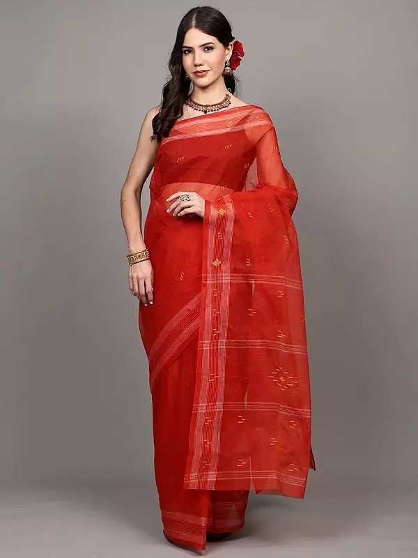 Valiant-Poppy Cotton Saree with Stripes woven Border and Pallu