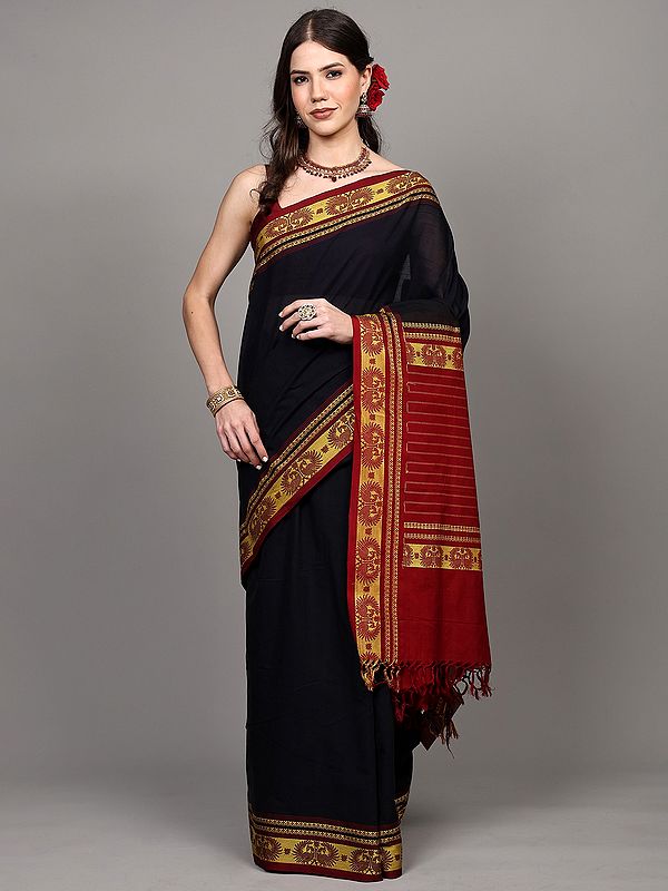 Black-Olive Handloom Saree from Paramakudi with Woven Pair of Peacocks Border and Stripes Pallu