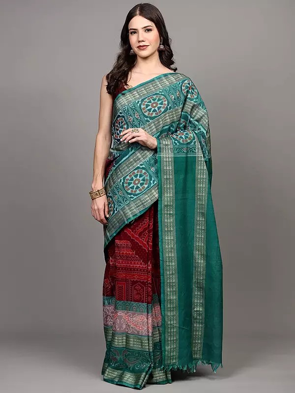 Tawny-Port Pure Cotton Ikat Handloom Saree from Sambhalpur with Woven Fish-Peacocks Wide Border