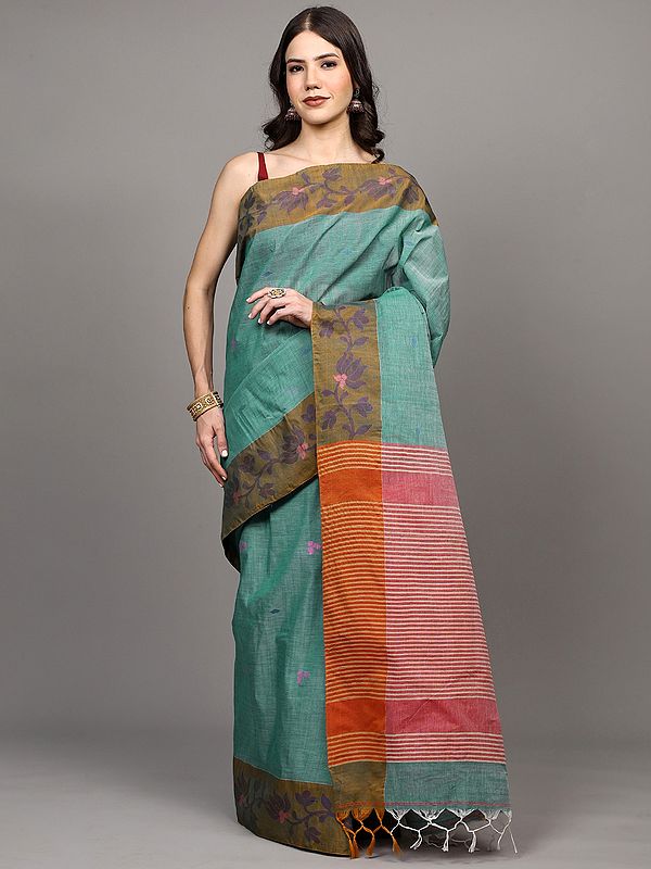 Bristol-Blue Bootis Woven Saree with Lotus Flower Border and Contrast Stripe Pallu from Bengal