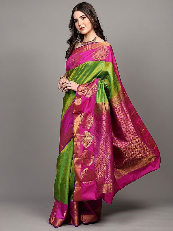 Parrot-Green Pure Silk Saree with Intricate Golden Thread work and Contrast Elephant Border from Bangalore
