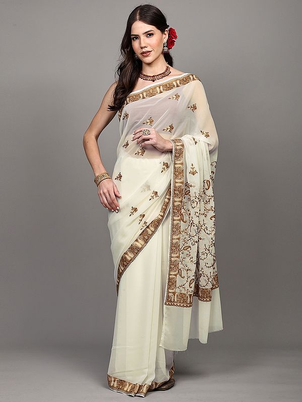 Ivory Georgette Saree from Kashmir with Chain Stitch Aari Embroidered Paisleys Border and Pallu