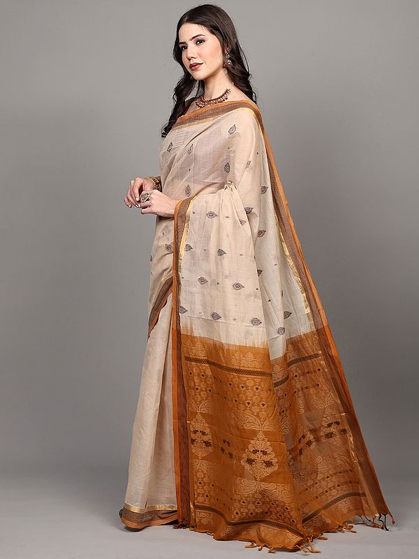 Brazilian-Sand Pure Cotton Negamam Saree with Woven Bootis and Zari Border from Tamil Nadu