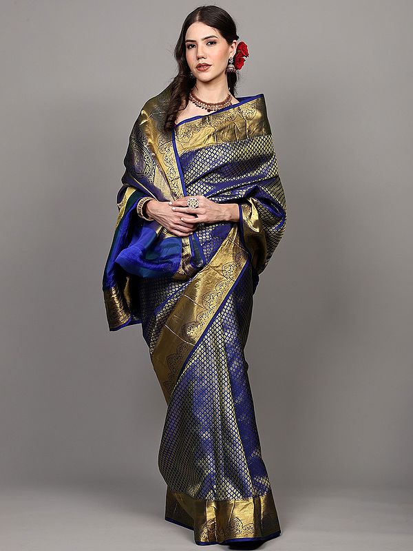 Mazarine-Blue Pure Silk Bridal Saree with All-Over Intricate Zari Weave Small Bootis from Kumbakonam