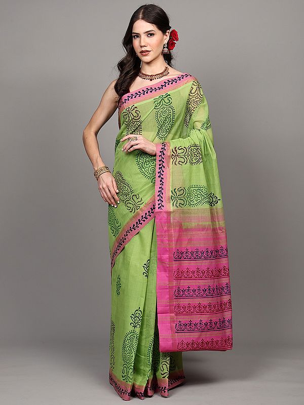 Leaf-Green Cotton Saree from Vanavasi with Block Printed Paisleys and Zari Stripe Border