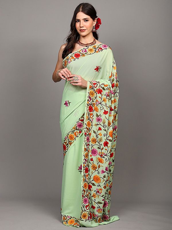 Pistachio-Green Crepe Saree from Kashmir with Aari Embroidered Bootis and Floral Vines Border-Pallu