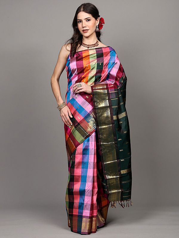 Pure Silk Multicolor Check Pattern Saree with Zari wovne Border from Kumbakonam