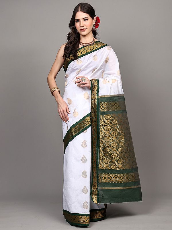 Bright-White Temple Saree from Kumbakonam with Golden Thread work Paisleys and Contrast Floral Vine Border