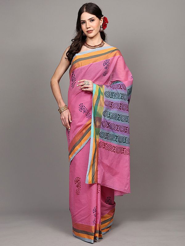 Fuchsia-Pink Cotton Saree with Floral Print and Zari Border from Tamil Nadu