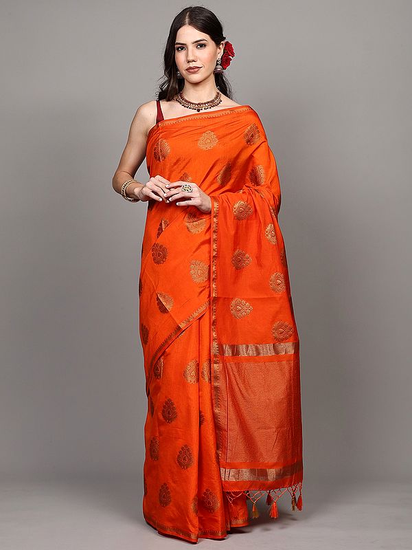 Tangerine-Tango Temple Border Saree with Zari woven Motifs and Striped Anchal from Chennai