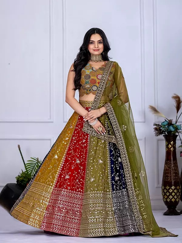 Multicolor Star Faux Georgette Embroidered Lehenga For Bridal Festival And Party Wear