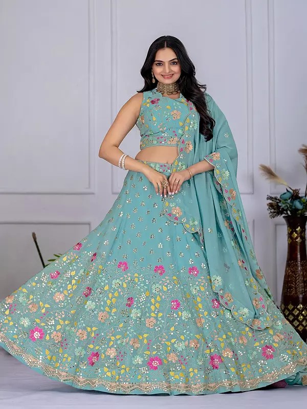 Stylish Firozi Party Wear Star Faux Georgette Lehenga Choli And Dupatta With Elegant Embroidery