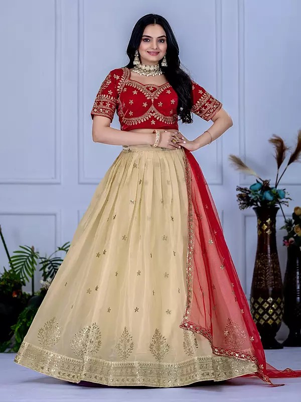 Luxurious Traditional Heavy Jimmy Choo Lehenga Choli Ensemble In Red And Cream With Dupatta