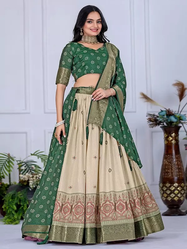 Classic Heavy Lichi Fabric Traditional Lehenga Enhanced With Jacquard Zari Weaving And Printed Elegance