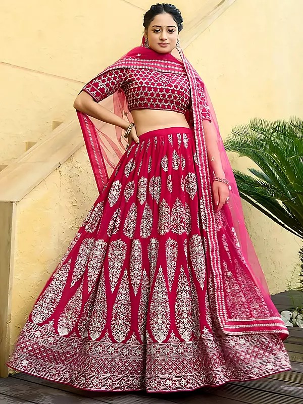 Magenta Faux Georgette Lehenga Choli With Dupatta Featuring Zari Sequence Embroidery