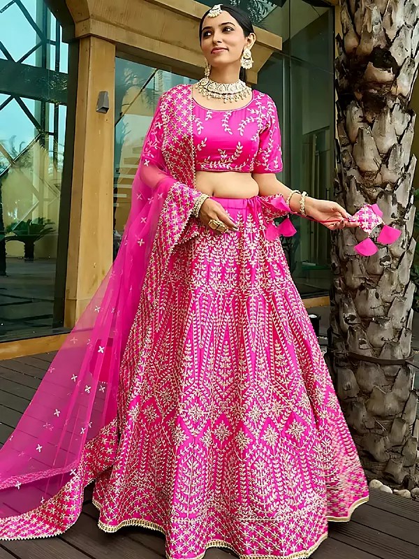 Pink Satin Silk Traditional Zari Embroidered Lehenga Choli For Festive And Wedding Wear