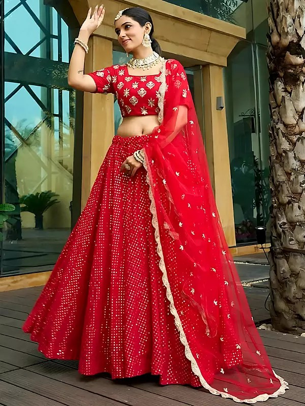 Designer Red Georgette Lehenga Choli Featuring Beautiful Thread And Sequin Embroidery