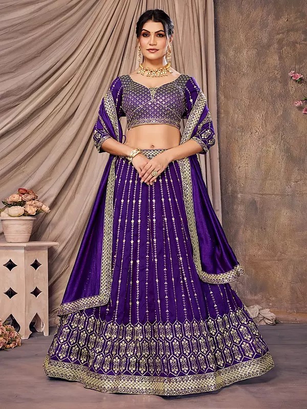 Beautiful Vichitra Fabric Lehenga Choli Set Adorned With Thread And Sequin Embroidery