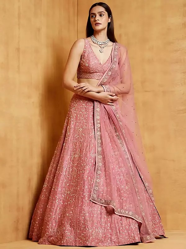 Pink Heavy Japan Satin Lehenga Choli With Embroidered Sequence Work And Butterfly Net Dupatta
