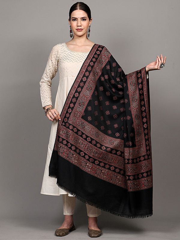 Shawl with Woven Aztec Pattern in Multicolor Thread from Punjab
