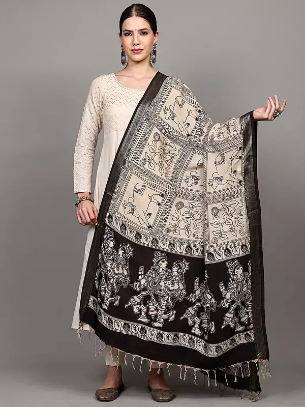 Summer-Sand Kalamkari Dupatta with Printed Radha-Krishna and Cow from Telangana