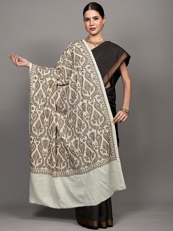 Wool Shawl with All-over Aari-Embroidered Giant Paisleys from Amritsar