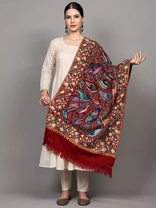 Red-Pear Pure Wool Stole with Aari Hand-Embroidered Birds and Flowers from Srinagar